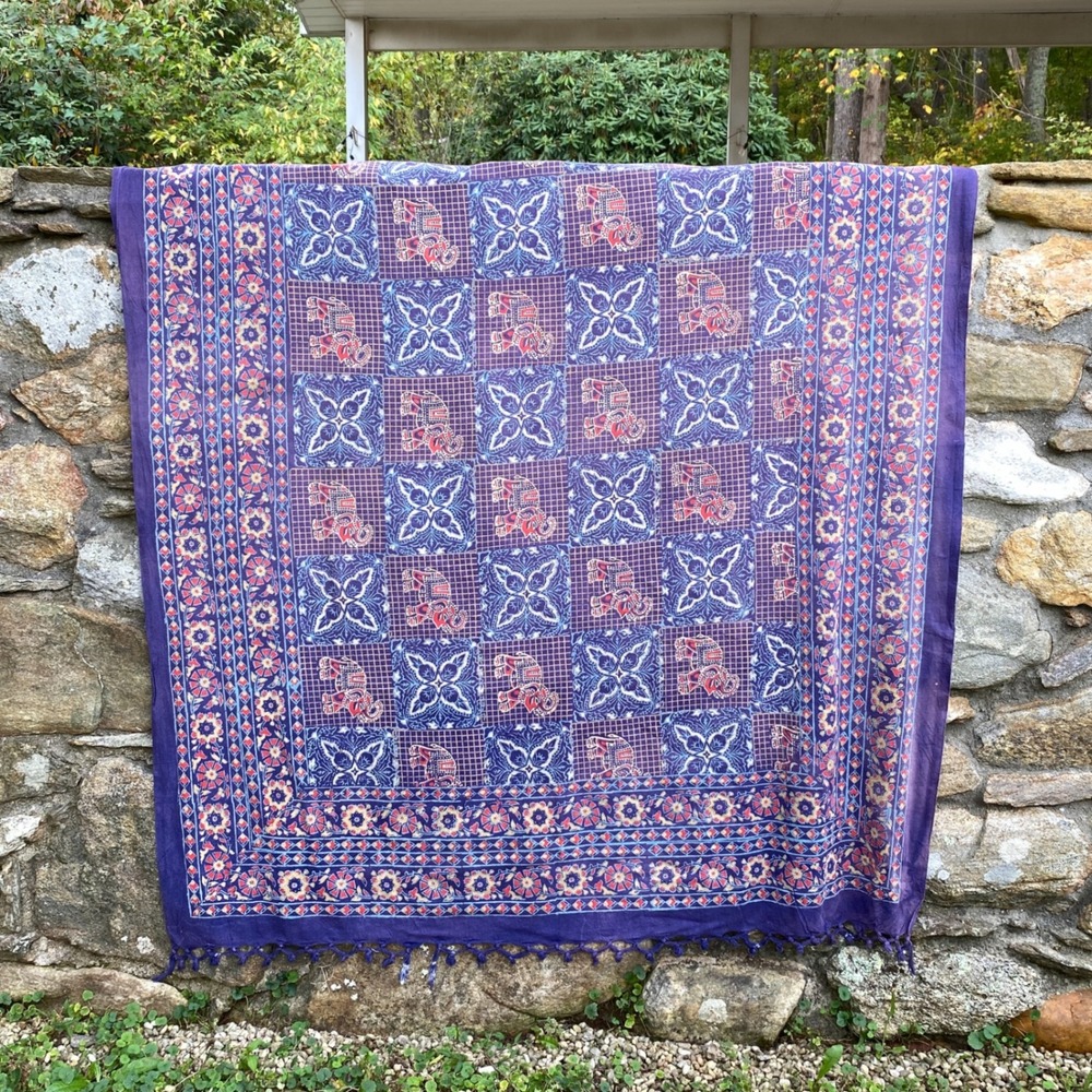 Purple Cotton Elephant Tapestry Tablecloth Bohemian Wall Hanging 82 x 82 Fringe